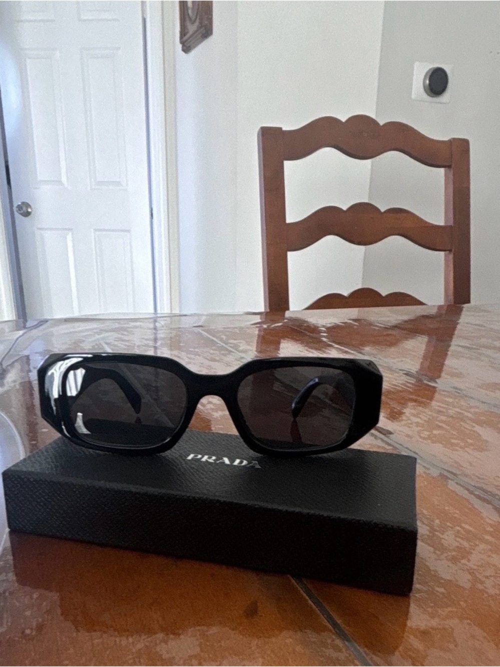 Prada Black Rectangular Sunglasses with Dark Lenses